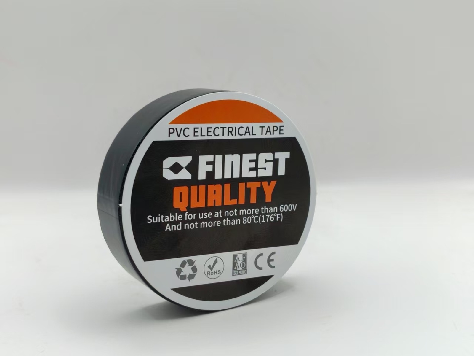 Black PVC electrical tape roll, studio photograph